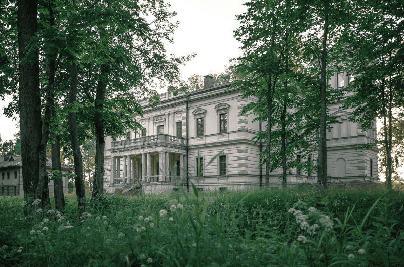 Дворец в Лынтупах вид сквозь заросли.png